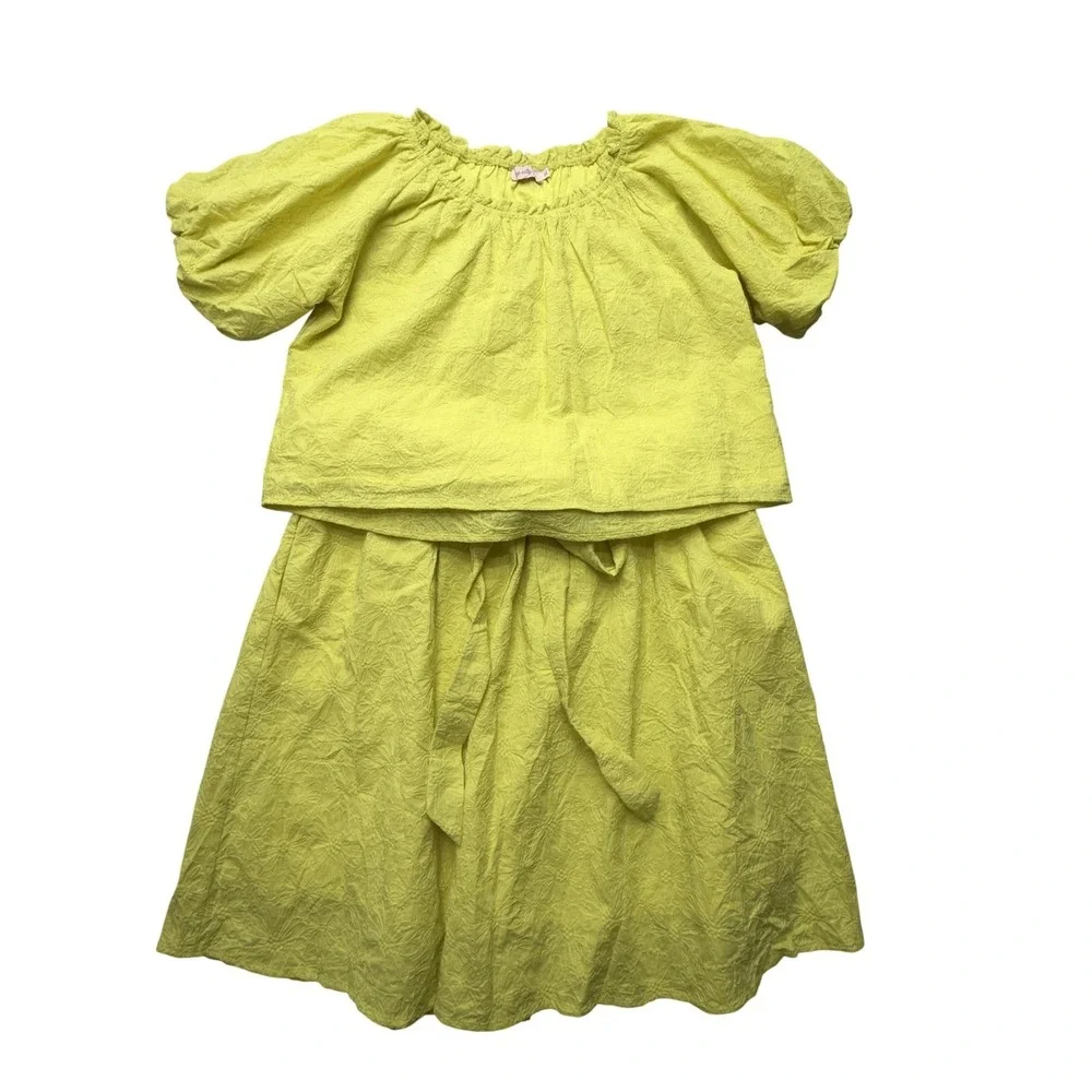 Ivy City Co Womens 1X Yellow Floral Embroidered 2 Piece Skirt Set Puff Sleeve